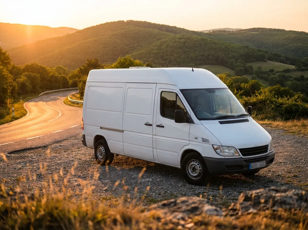 Furgoneta camper blanca aparcada en un mirador de montaña al atardecer, con luz cálida y una carretera de curvas al fondo