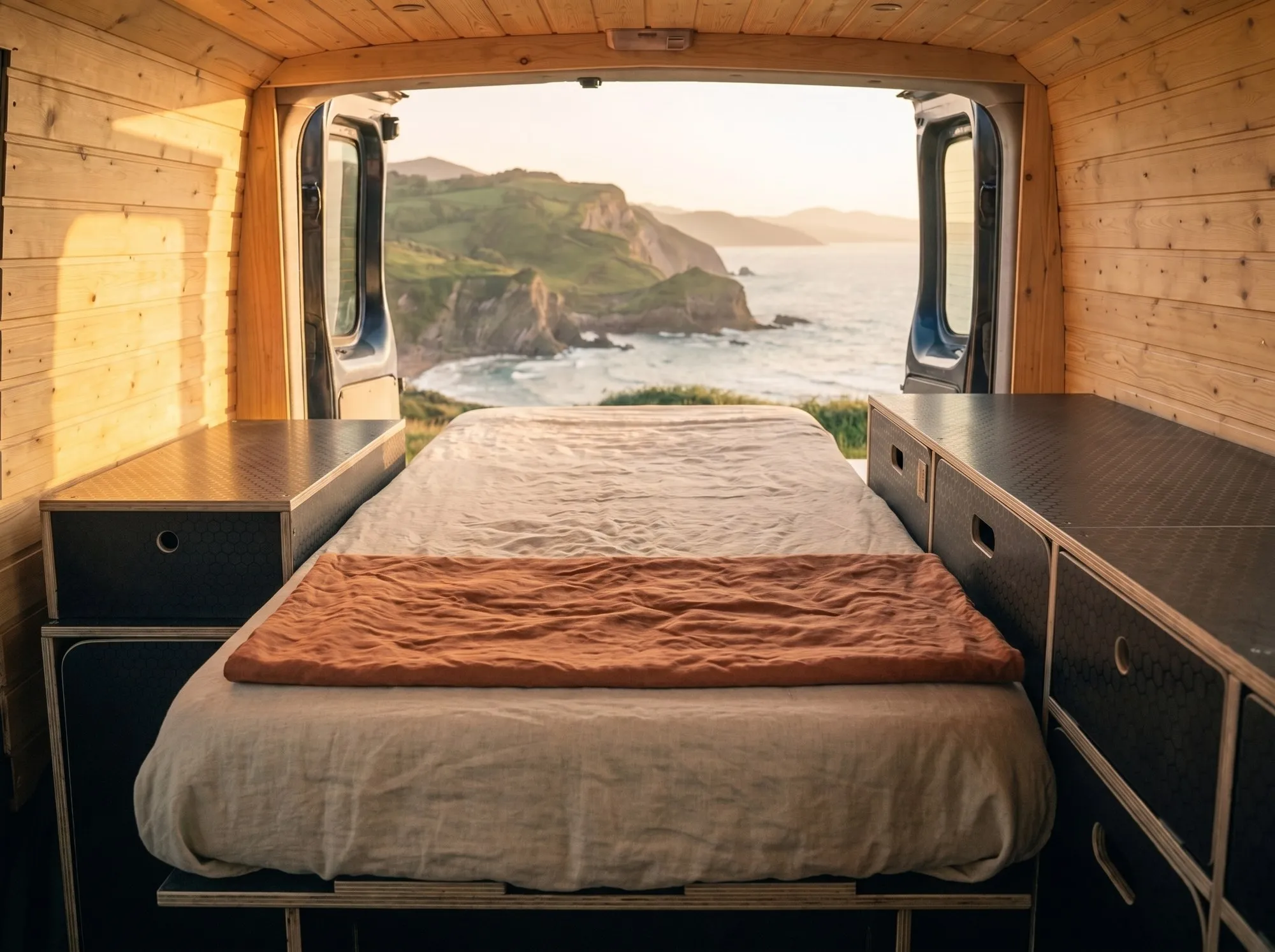 Interior de una furgoneta camperizada por Alhóndiga Camper: cama con ropa de cama, kit modular de almacenaje y puertas abiertas a la costa vasca al atardecer