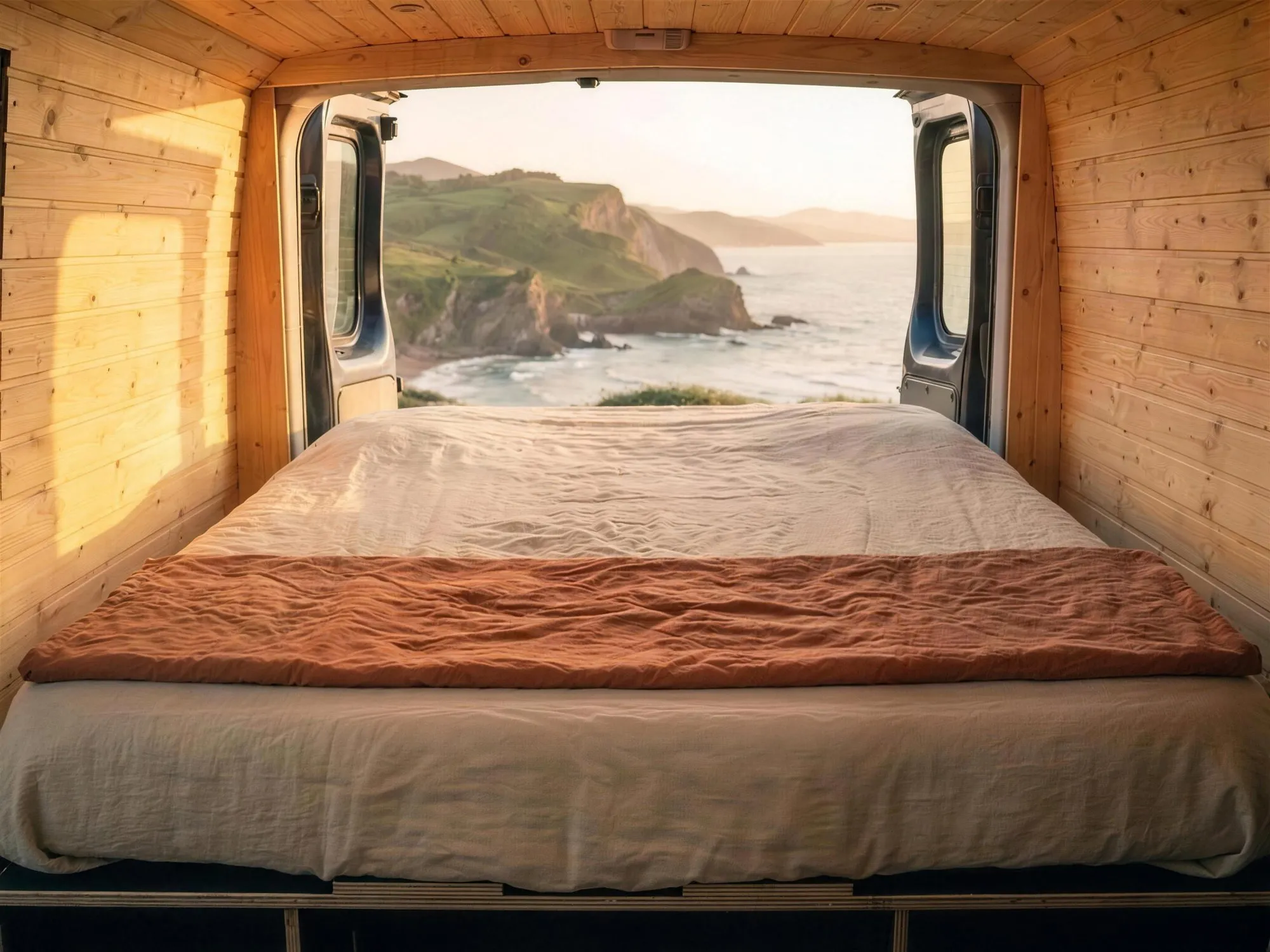 Interior de una furgoneta camperizada por Alhóndiga Camper: la cama ocupa todo el ancho, con almacenaje del kit bajo la base y las puertas abiertas a la costa vasca al atardecer