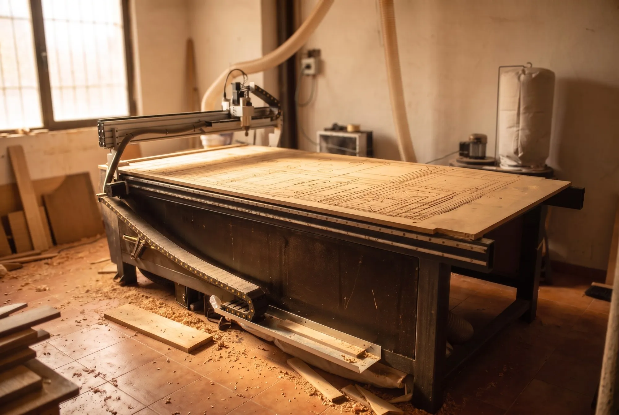 La fresadora CNC del taller de Alhóndiga Camper cortando una plancha de contrachapado para un kit modular